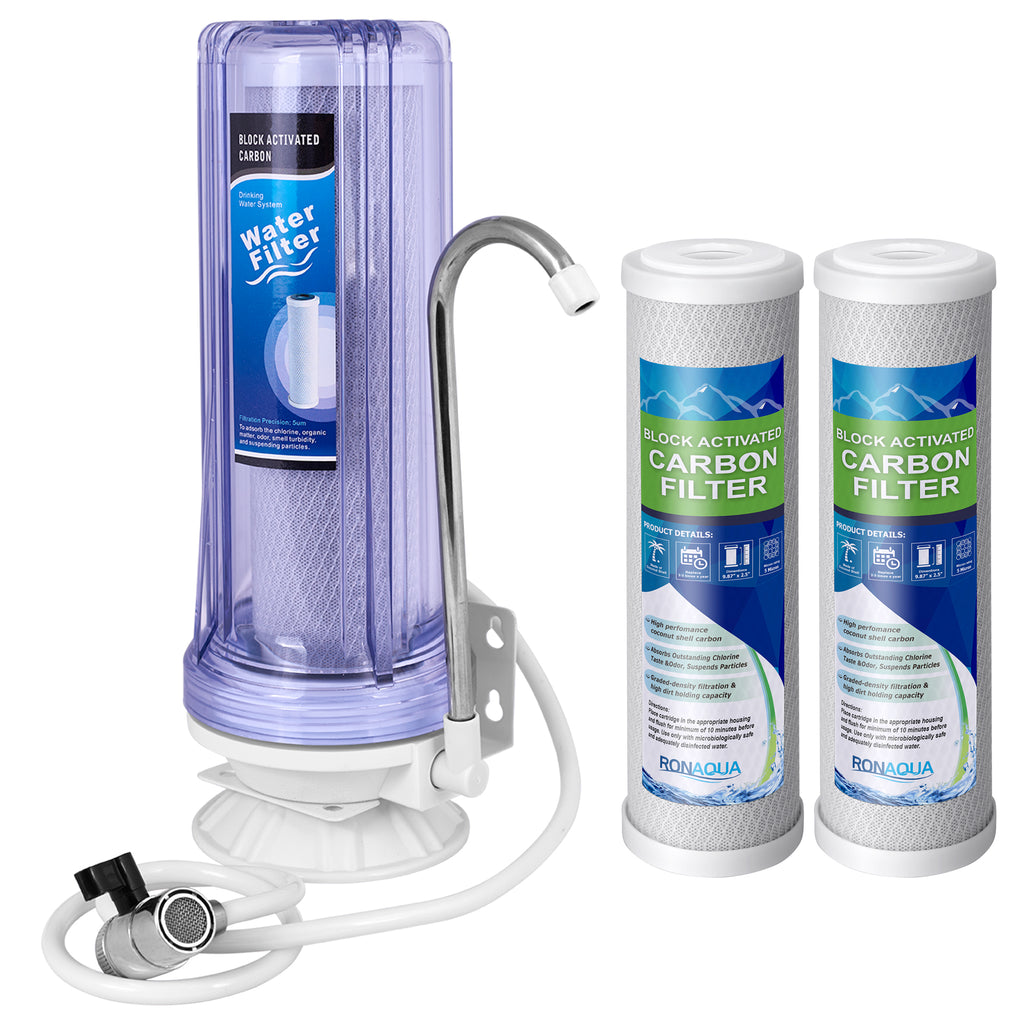 One Stage Countertop Drinking Water Filtration System Removes Chlorine, Transparent Housing and Yearly Supply (2 Extra) Block Activated Carbon Cartridges 5 Micron, Meets NSF Standards & Regulations