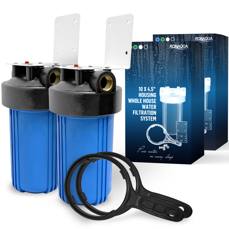 High Capacity 10 x 4.5” Blue Whole House Filter Purifier System for Well or City Water, Presser Relief Button, 1” NPT Brass Port, Double O-Ring, Meets NSF Standards & Regulations