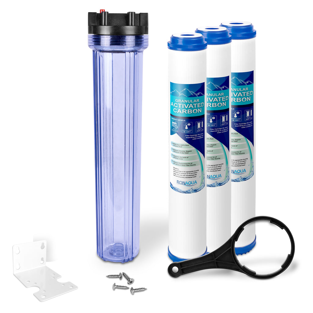 20 x 2.5-Inches Transparent Slim Whole House Water Filter Purifier System with Presser Relief Button, 1” Inlet/Outlet Port & Yearly Supply (3) Granular Coconut Shell Activated Carbon Cartridges