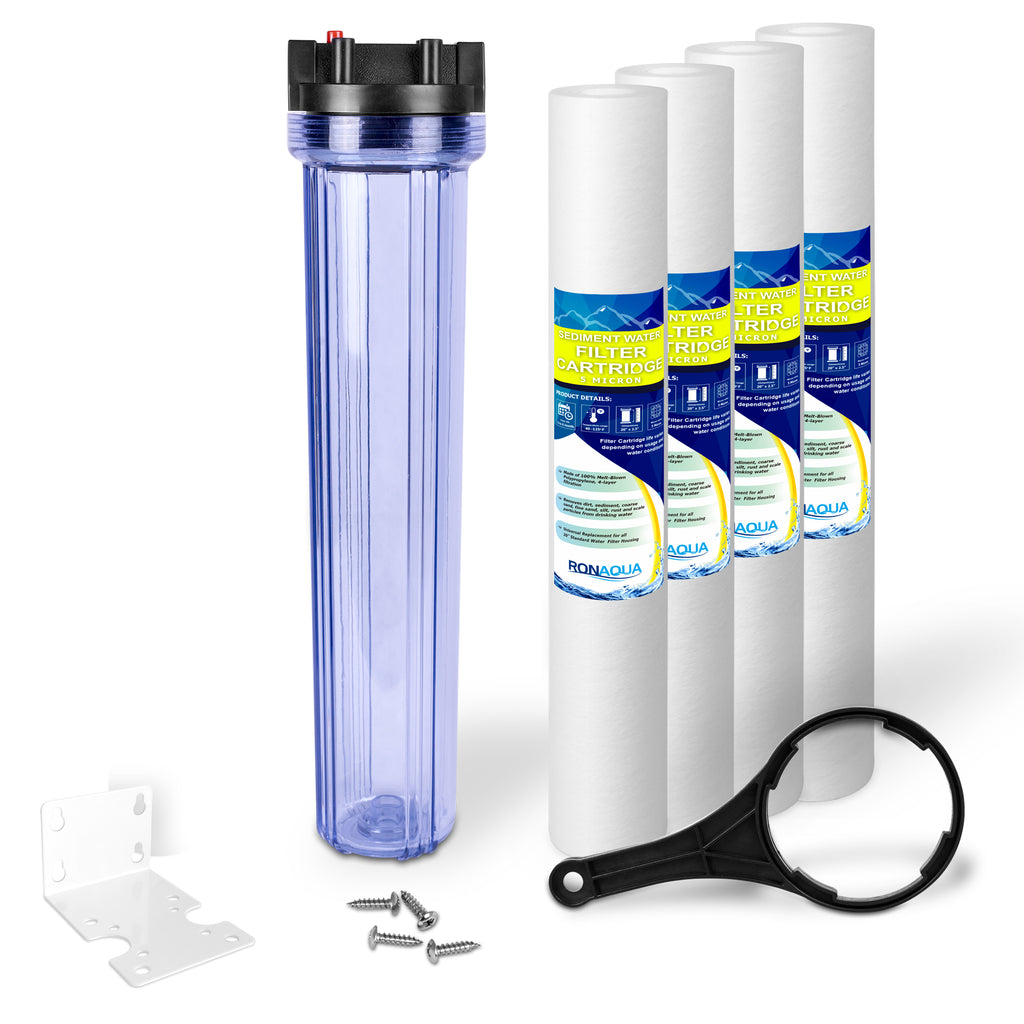 20 x 2.5-Inches Transparent Slim Whole House Water Filter Purifier System with Presser Relief Button, 1” Inlet/Outlet Port and Yearly Supply (4) Polypropylene Sediment Cartridges 5 Micron
