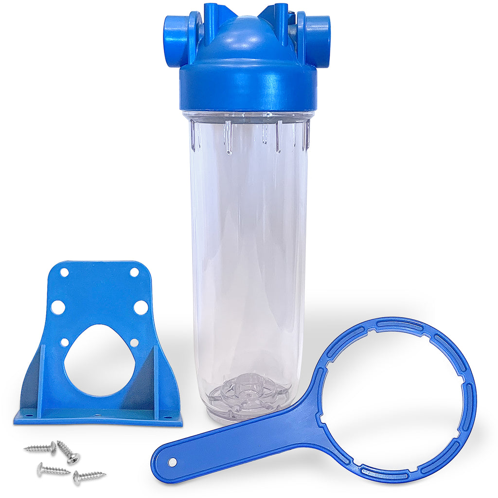 European Design Transparent Standard 10 inch Water Filter Housing, Presser Relief Button, 3/4” Inlet/Outlet Brass Port, Mounting Hardware Included, Accepts Standard 10”x 2.5” Cartridges