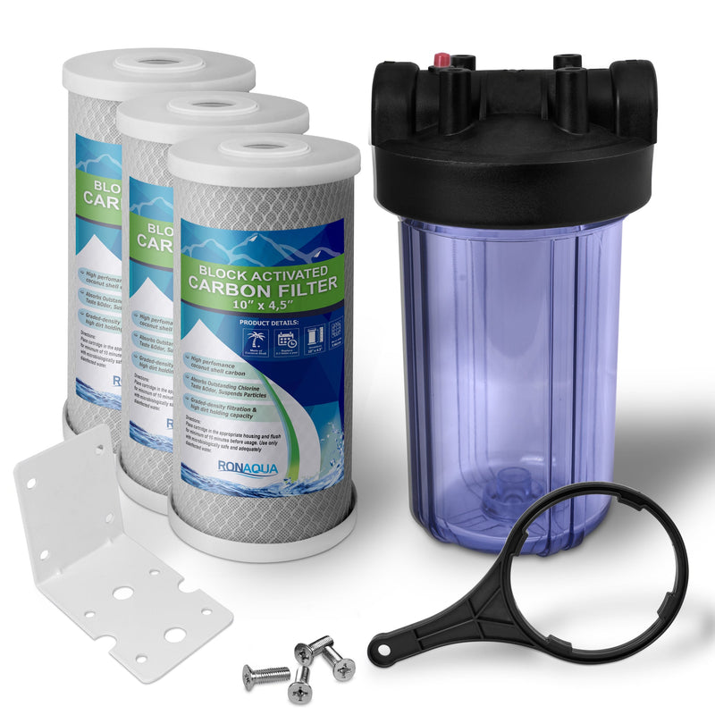 High Capacity 10 x 4.5” Transparent Whole House Water Filter Purifier System with Presser Relief Button, 1” Inlet/Outlet Brass Port & Yearly Supply (3) Coconut Shell Activated Block Carbon Cartridges