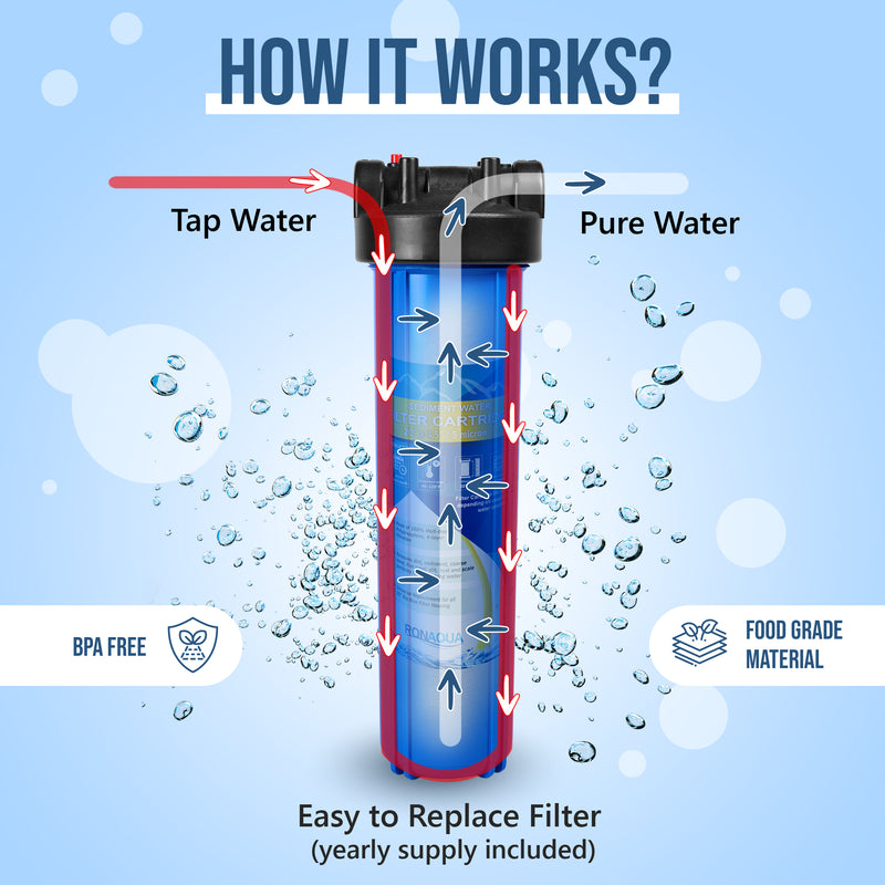 High Capacity 20 x 4.5-Inches Blue Whole House Water Filter Purifier System with Presser Relief Button, 1” Inlet/Outlet Brass Port & Yearly Supply (4) Polypropylene Sediment Cartridges 5 Micron