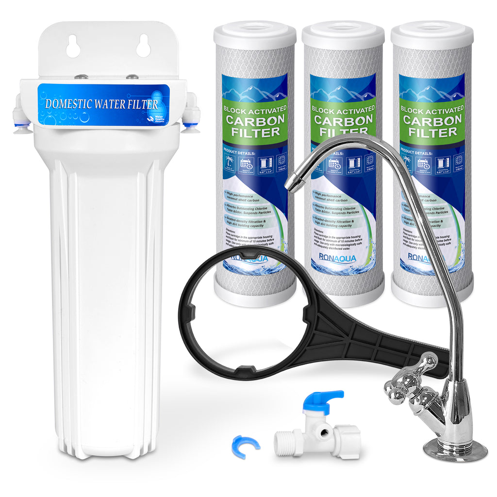 1 Stage Under Sink Drinking Water Filtration System with 100% Lead-Free Chrome Faucet Removes Chlorine, and Yearly Supply (2 Extra) CTO Cartridges 5 Micron, Meets NSF Standards & Regulations