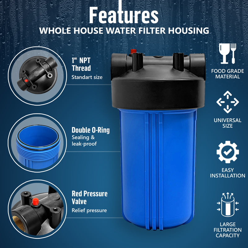 High Capacity 10 x 4.5” Blue Whole House Filter Purifier System for Well or City Water, Presser Relief Button, 1” NPT Brass Port, Double O-Ring, Meets NSF Standards & Regulations