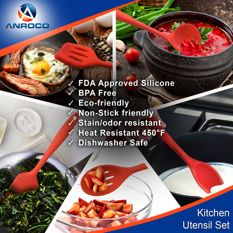 Red Heat Resistant Cooking Utensil Set from Nonstick Silicone