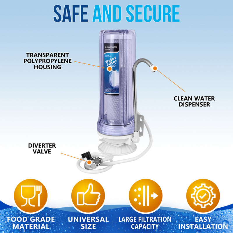 One Stage Countertop Drinking Water Filtration System Removes Chlorine, Transparent Housing and Yearly Supply (2 Extra) Block Activated Carbon Cartridges 5 Micron, Meets NSF Standards & Regulations