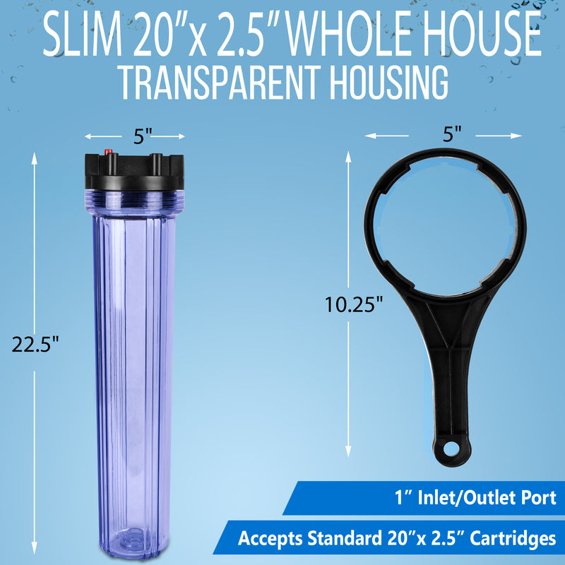 20 x 2.5-Inches Transparent Slim Whole House Water Filter Purifier System with Presser Relief Button, 1” Inlet/Outlet Port and Yearly Supply (4) Polypropylene Sediment Cartridges 5 Micron