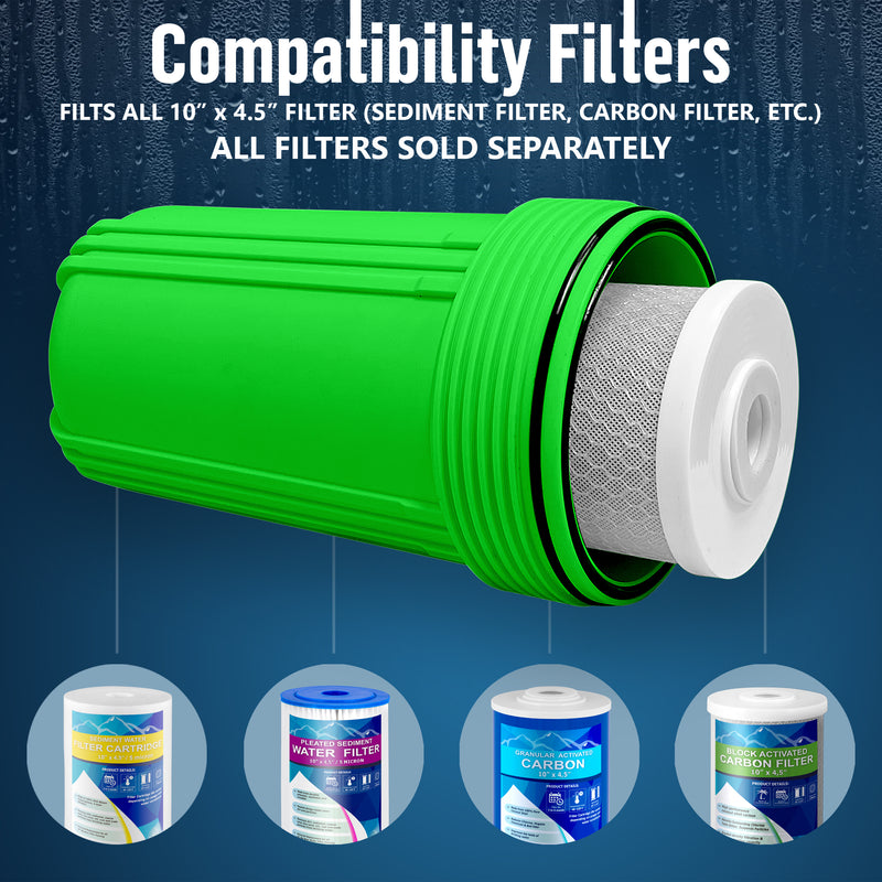 High Capacity 10 x 4.5” Green Whole House Filter Purifier System for Well or City Water, Presser Relief Button, 1” NPT Brass Port, Double O-Ring, Meets NSF Standards & Regulations
