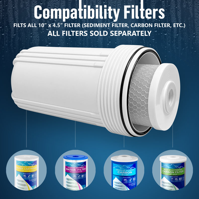 High Capacity 10 x 4.5” White Whole House Filter Purifier System for Well or City Water, Presser Relief Button, 1” NPT Brass Port, Double O-Ring, Meets NSF Standards & Regulations