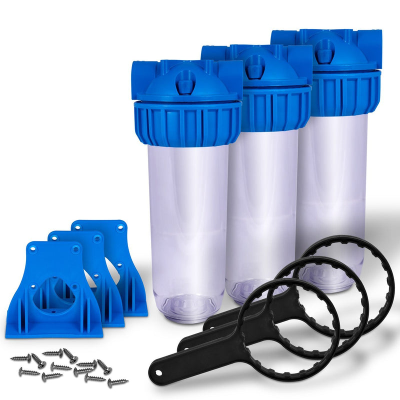 Pack of Three 10 In. x 2.5 In. Transparent Whole House Water Filter Housings