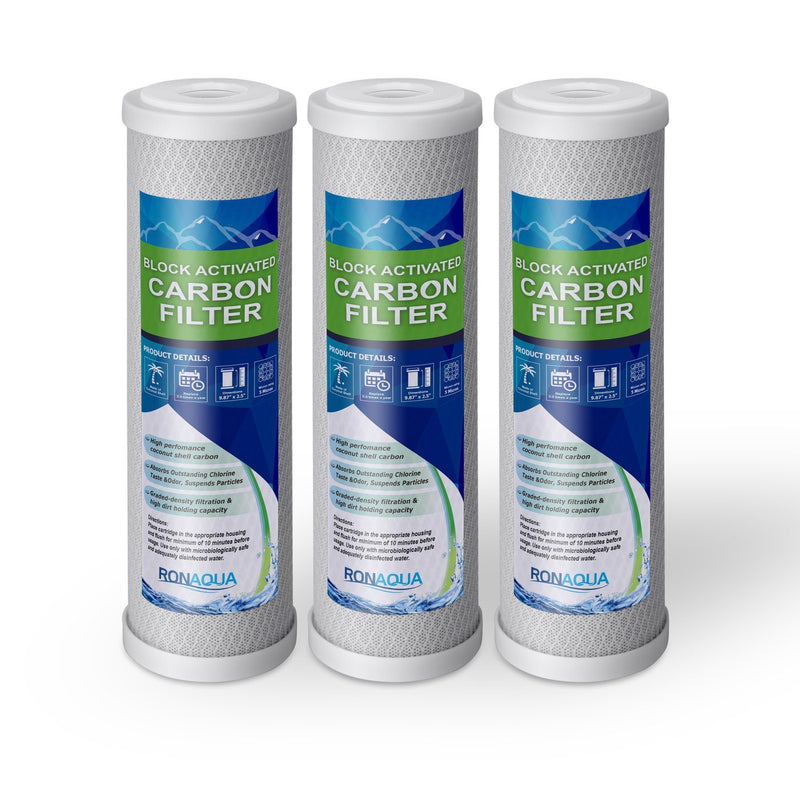 Pack of Three 10 Inch 5 Micron Activated Carbon Block Water Filter Replacement Replacement Cartridges