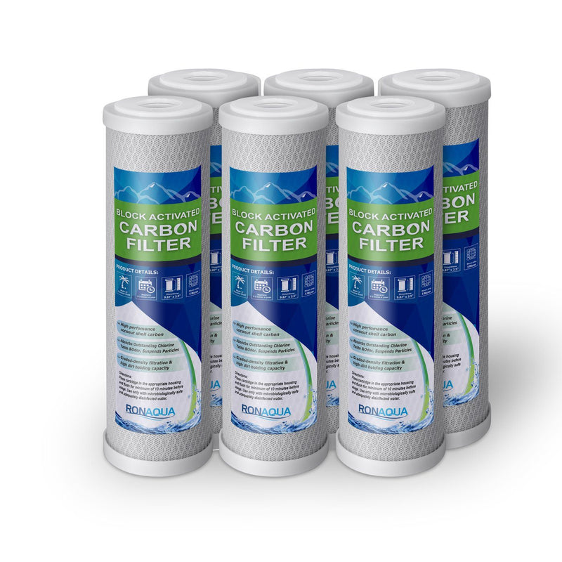 Pack of Six 10 Inch 5 Micron Activated Carbon Block Water Filter Replacement Replacement Cartridges