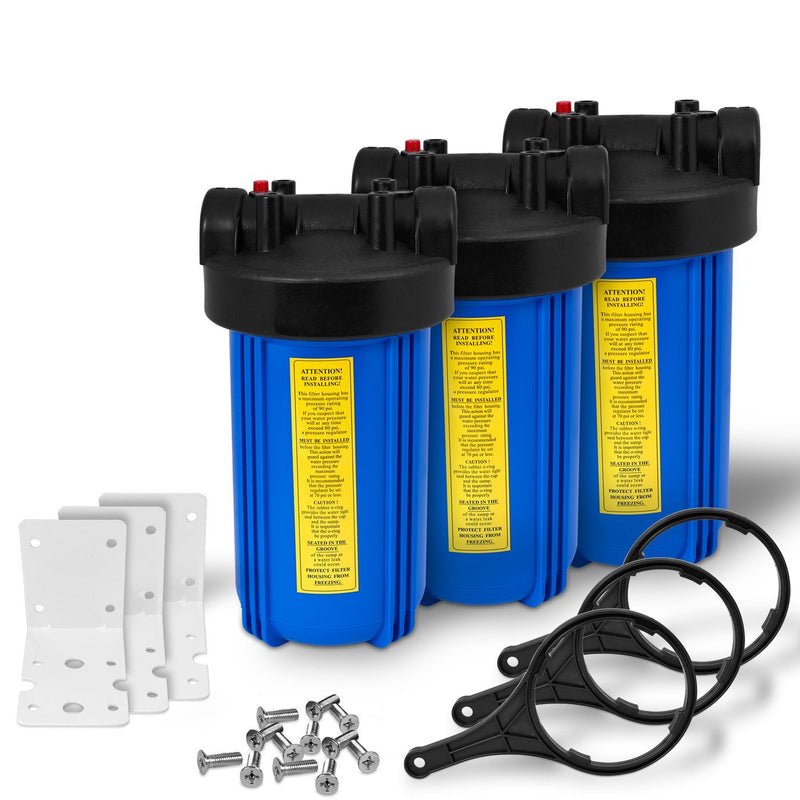 Pack of Three 10 Inch Big Blue Whole House Water Filter Housings