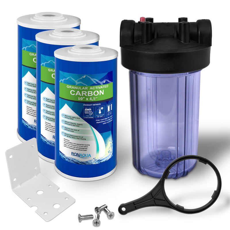 High Capacity 10 x 4.5” Transparent Whole House Water Filter Purifier System with Presser Relief Button 1” Inlet/Outlet Bass Port & Yearly Supply (3) Granular Coconut Shell Activated Carbon Cartridges