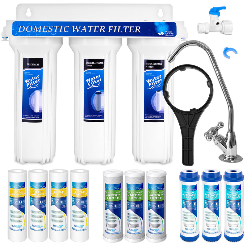 3 Stage Under Sink Drinking Water Filtration System Removes Chlorine, and Yearly Supply (2 Extra) CTO, (2 Extra) GAC & (3 Extra) PP Sediment Cartridges 5 Micron, Meets NSF Standards & Regulations