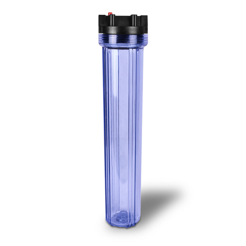 20 x 2.5-Inches Transparent Slim Whole House Water Filter Purifier System with Presser Relief Button, 1” Inlet/Outlet Port and Yearly Supply (4) Polypropylene Sediment Cartridges 5 Micron