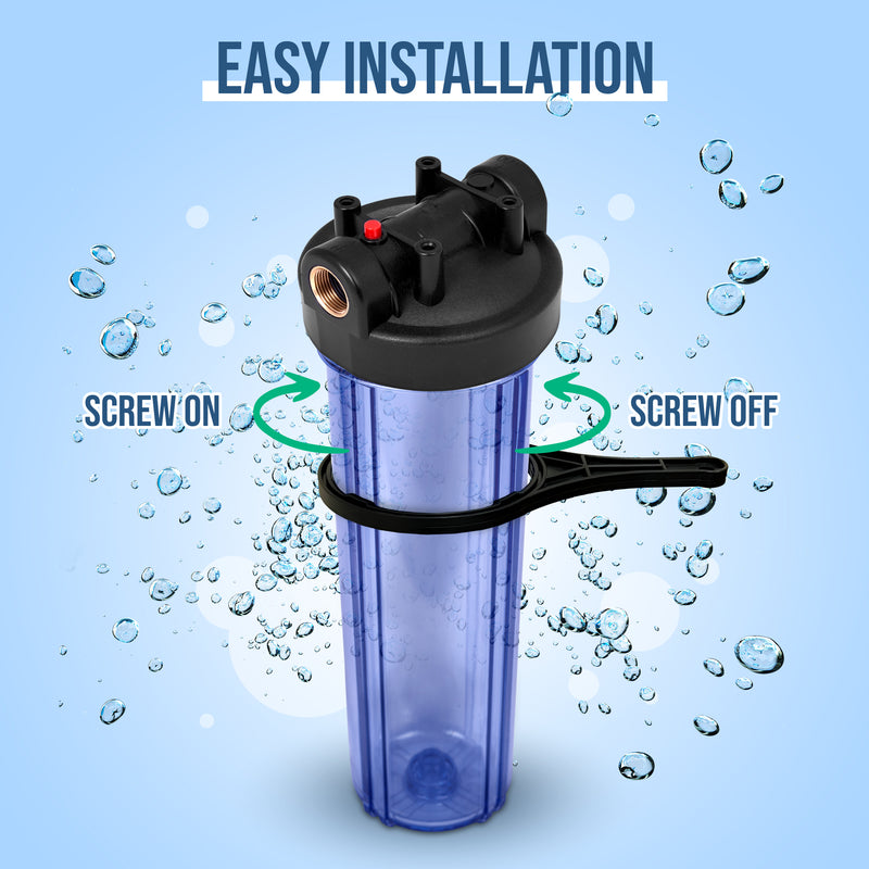 High Capacity 20 x 4.5-Inches Transparent Whole House Water Filter Purifier System with Presser Relief Button, 1” Inlet/Outlet Brass Port & Yearly Supply (4) Pleated Washable Sediment Cartridges 5 Mic
