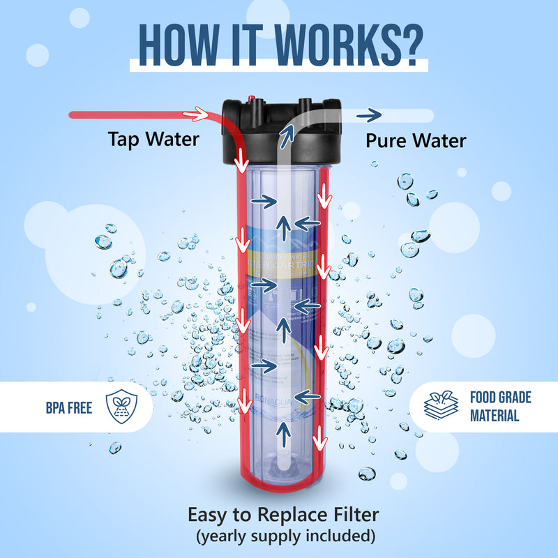 High Capacity 20 x 4.5-Inches Transparent Whole House Water Filter Purifier System with Presser Relief Button, 1” Inlet/Outlet Brass Port & Yearly Supply (4) Polypropylene Sediment Cartridges 5 Micron