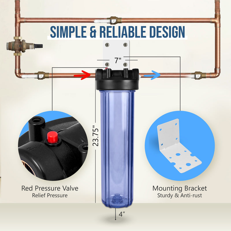 High Capacity 20x4.5” Transparent Whole House Water Filter Purifier System with Presser Relief Button 1” Inlet/Outlet Brass Port & Yearly Supply (3) Granular Coconut Shell Activated Carbon Cartridges