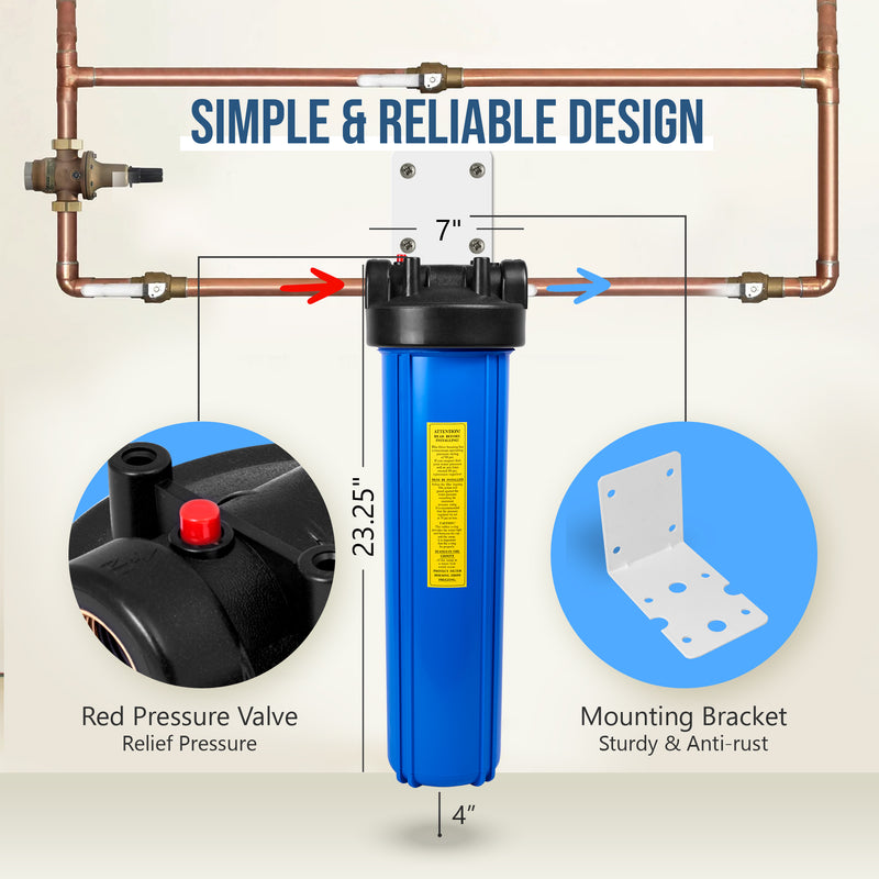High Capacity 20 x 4.5-Inches Blue Whole House Water Filter Purifier System with Presser Relief Button, 1” Inlet/Outlet Brass Port & Yearly Supply (4) Pleated Washable Sediment Cartridges 5 Micron