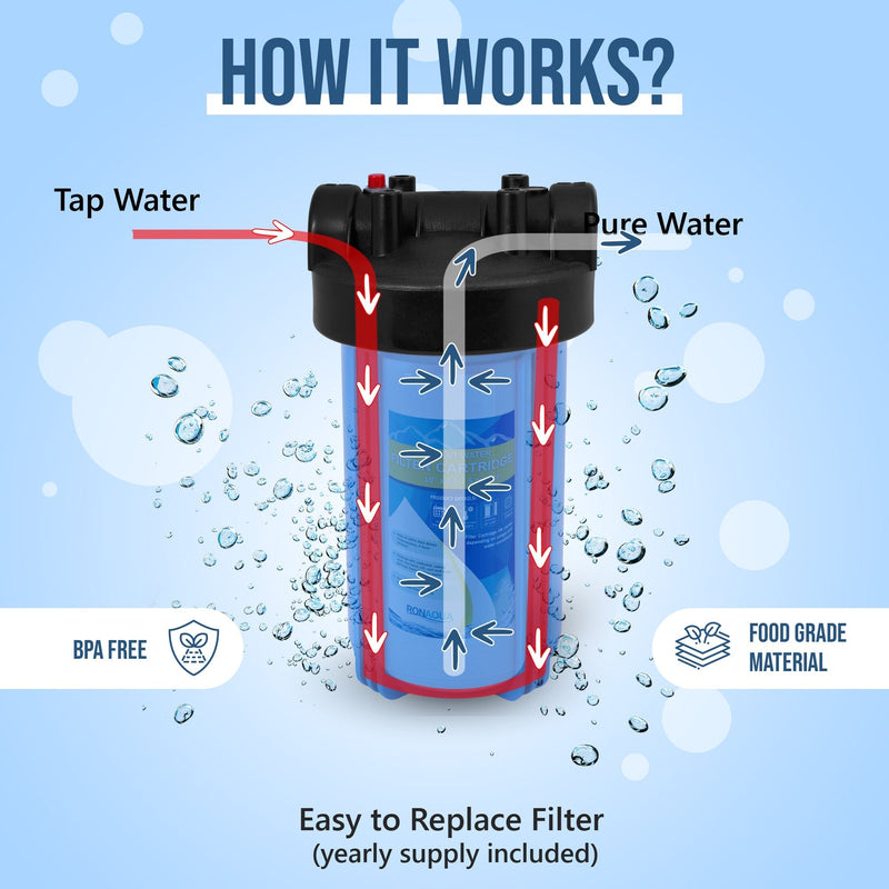 High Capacity 10 x 4.5-Inches Blue Whole House Water Filter Purifier System with Presser Relief Button, 1” Inlet/Outlet Brass Port & Yearly Supply (4) Polypropylene Sediment Cartridges 5 Micron