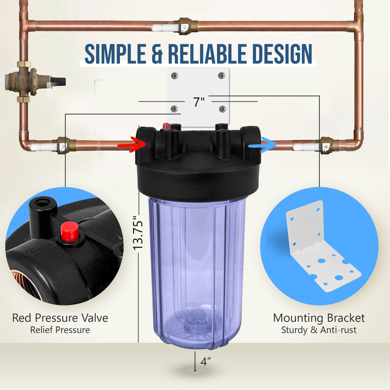 High Capacity 10 x 4.5” Transparent Whole House Water Filter Purifier System with Presser Relief Button 1” Inlet/Outlet Bass Port & Yearly Supply (3) Granular Coconut Shell Activated Carbon Cartridges