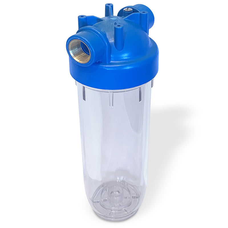 European Design Transparent Standard 10 inch Water Filter Housing, Presser Relief Button, 3/4” Inlet/Outlet Brass Port, Mounting Hardware Included, Accepts Standard 10”x 2.5” Cartridges