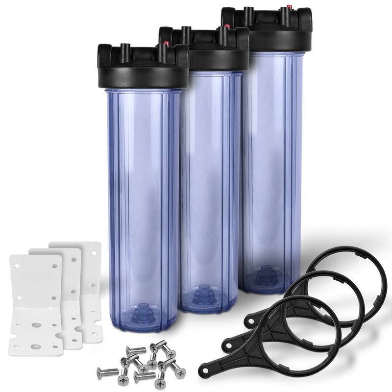 Pack of Three 20 Inch Transparent Whole House Water Filter Housings