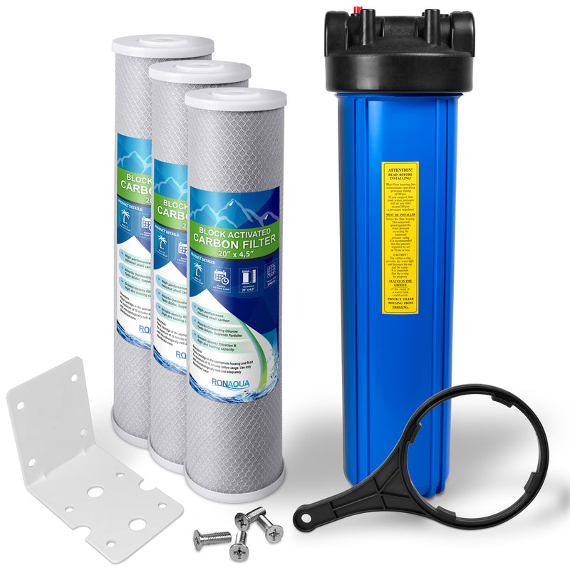 High Capacity 20 x 4.5” Blue Whole House Water Filter Purifier System with Presser Relief Button, 1” Inlet/Outlet Brass Port & Yearly Supply (3) Coconut Shell Activated Block Carbon Cartridges