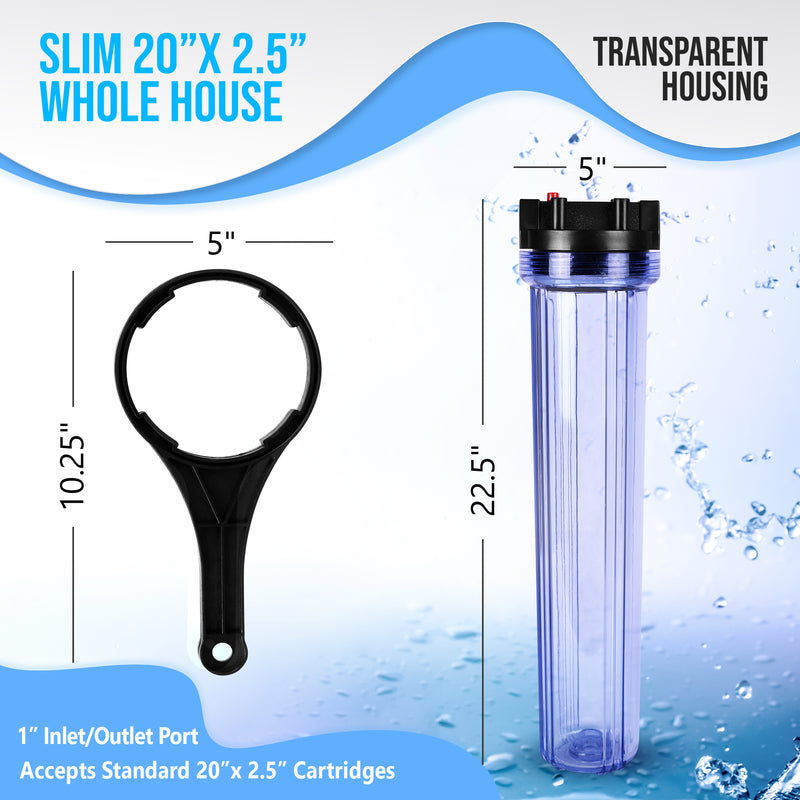 20 x 2.5-Inches Transparent Slim Whole House Water Filter Purifier System with Presser Relief Button, 1” Inlet/Outlet Port and Yearly Supply (4) Polypropylene Sediment Cartridges 5 Micron