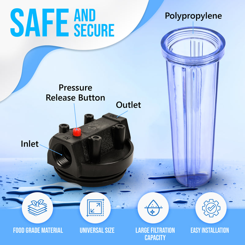 20 x 2.5-Inches Transparent Slim Whole House Water Filter Purifier System with Presser Relief Button, 1” Inlet/Outlet Port and Yearly Supply (4) Polypropylene Sediment Cartridges 5 Micron