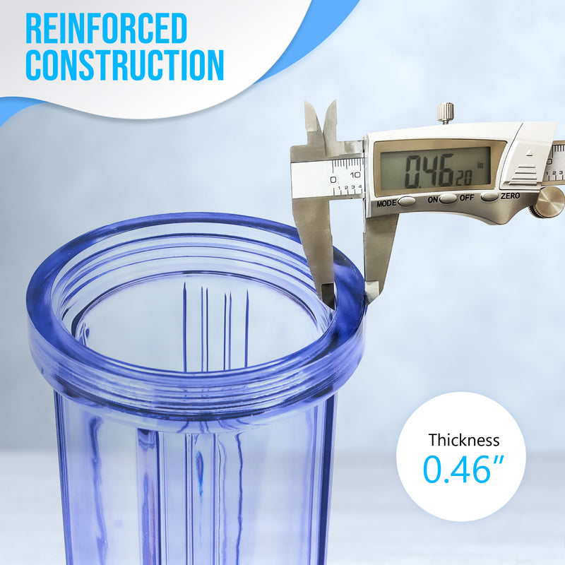 20 x 2.5-Inches Transparent Slim Whole House Water Filter Purifier System with Presser Relief Button, 1” Inlet/Outlet Port and Yearly Supply (4) Polypropylene Sediment Cartridges 5 Micron