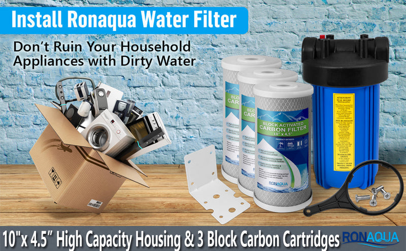 High Capacity 10 x 4.5-Inches Blue Whole House Water Filter Purifier System with Presser Relief Button, 1” Inlet/Outlet Brass Port & Yearly Supply (4) Polypropylene Sediment Cartridges 5 Micron