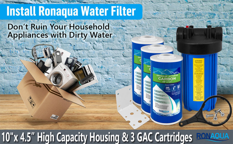 High Capacity 10 x 4.5-Inches Blue Whole House Water Filter Purifier System with Presser Relief Button, 1” Inlet/Outlet Brass Port & Yearly Supply (4) Polypropylene Sediment Cartridges 5 Micron