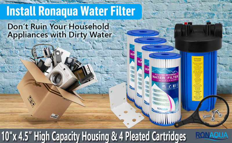 High Capacity 10 x 4.5-Inches Blue Whole House Water Filter Purifier System with Presser Relief Button, 1” Inlet/Outlet Brass Port & Yearly Supply (4) Polypropylene Sediment Cartridges 5 Micron