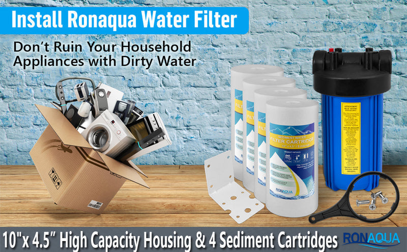 High Capacity 10 x 4.5-Inches Blue Whole House Water Filter Purifier System with Presser Relief Button, 1” Inlet/Outlet Brass Port & Yearly Supply (4) Polypropylene Sediment Cartridges 5 Micron