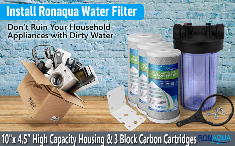High Capacity 10 x 4.5” Transparent Whole House Water Filter Purifier System with Presser Relief Button, 1” Inlet/Outlet Brass Port & Yearly Supply (3) Coconut Shell Activated Block Carbon Cartridges