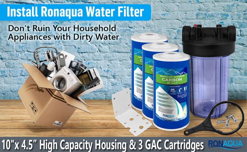 High Capacity 10 x 4.5” Transparent Whole House Water Filter Purifier System with Presser Relief Button, 1” Inlet/Outlet Brass Port & Yearly Supply (3) Coconut Shell Activated Block Carbon Cartridges