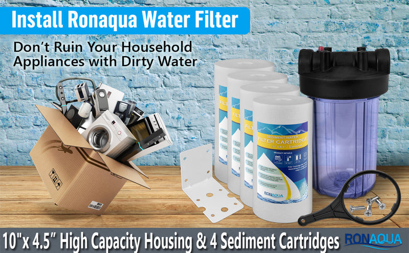 High Capacity 10 x 4.5-Inches Transparent Whole House Water Filter Purifier System with Presser Relief Button, 1” Inlet/Outlet Brass Port & Yearly Supply (4) Polypropylene Sediment Cartridges 5 Micron