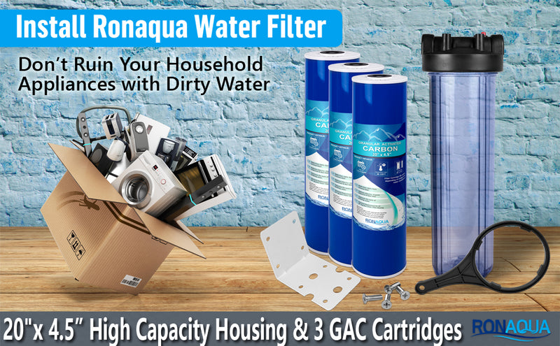 High Capacity 20x4.5” Transparent Whole House Water Filter Purifier System with Presser Relief Button 1” Inlet/Outlet Brass Port & Yearly Supply (3) Granular Coconut Shell Activated Carbon Cartridges