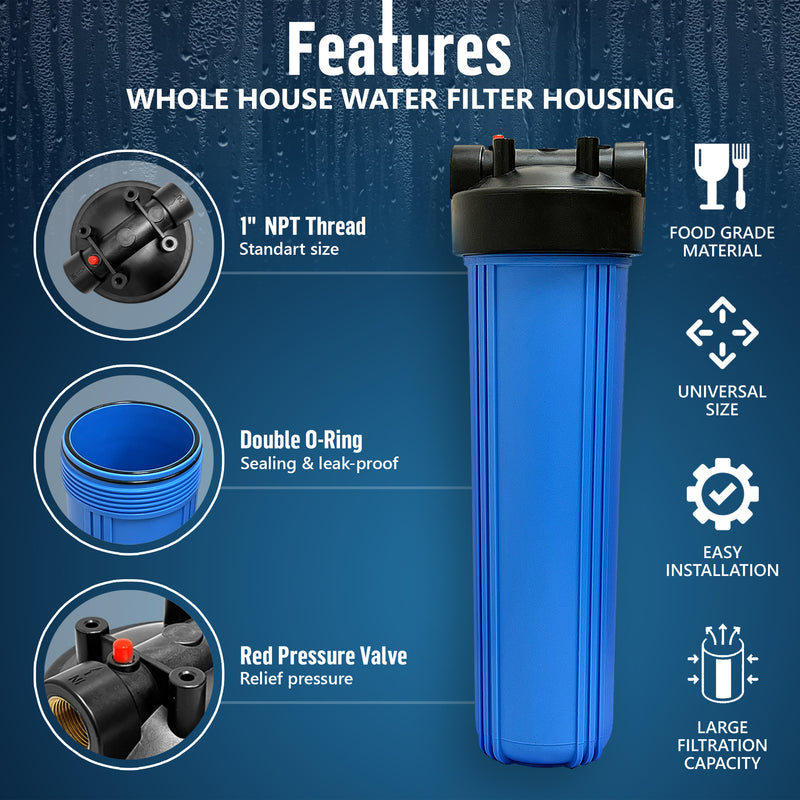 High Capacity 20 x 4.5” Blue Whole House Filter Purifier System for Well or City Water, Presser Relief Button, 1” NPT Brass Port, Double O-Ring, Meets NSF Standards & Regulations