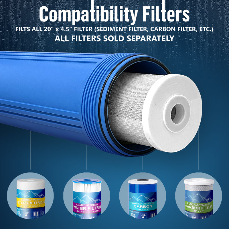 High Capacity 20 x 4.5” Blue Whole House Filter Purifier System for Well or City Water, Presser Relief Button, 1” NPT Brass Port, Double O-Ring, Meets NSF Standards & Regulations