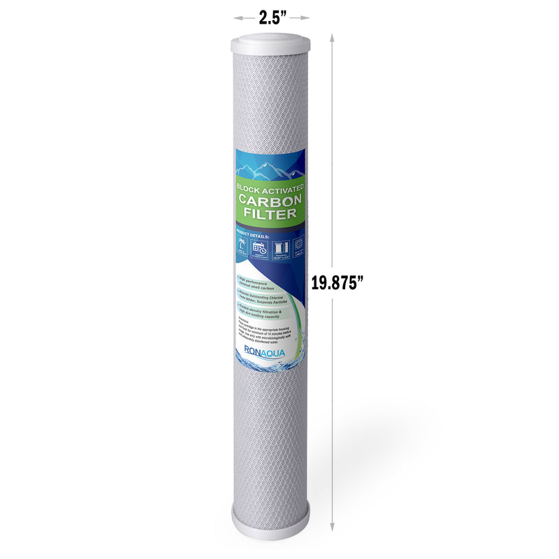 Standard Whole House Coconut Shell Carbon Block 5 Micron Water Filter 20” x 2.5” Fits 20” x 2.5” Housings. Remove Chlorine and Bad Odor. Compatible with C1-20, HX-CB-25-2010, F3WCB32