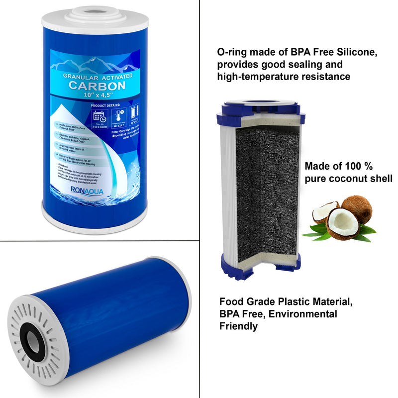 High Capacity 10 x 4.5” Blue Whole House Water Filter Purifier System with Presser Relief Button, 1” Inlet/Outlet Brass Port & Yearly Supply (3) Coconut Shell Activated Granular Carbon Cartridges