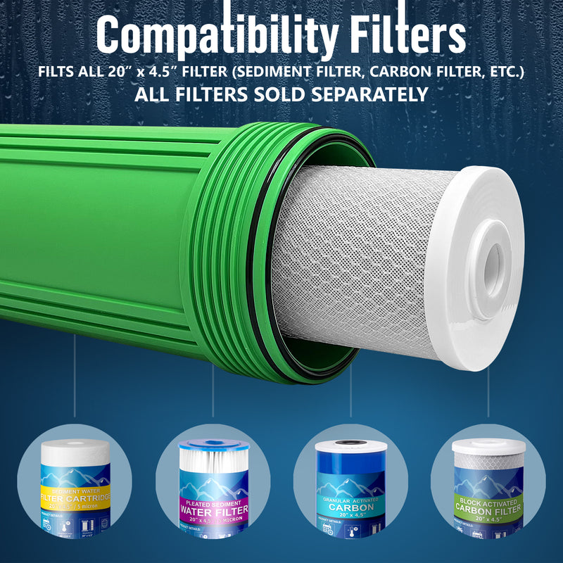 High Capacity 20 x 4.5” Green Whole House Filter Purifier System for Well or City Water, Presser Relief Button, 1” NPT Brass Port, Double O-Ring, Meets NSF Standards & Regulations