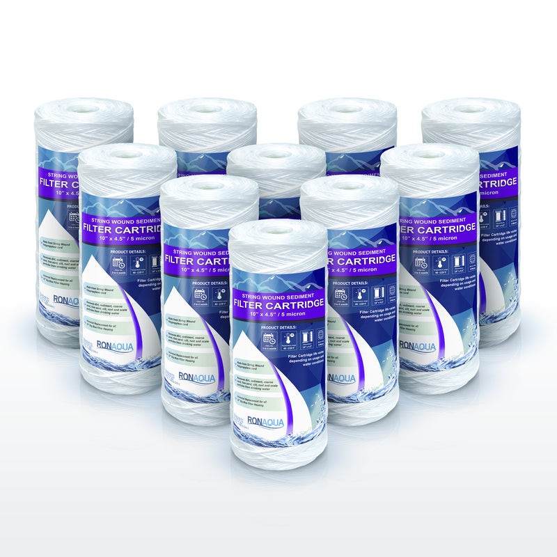 High Capacity Wound String 5 Micron Sediment Water Filter Cartridge 10” x 4.5” Removes Sand, Dirt, Silt, Rust, Extended Filter Life Compatible with 355215-45, 84637, PC10, WP1097P, WPX597P
