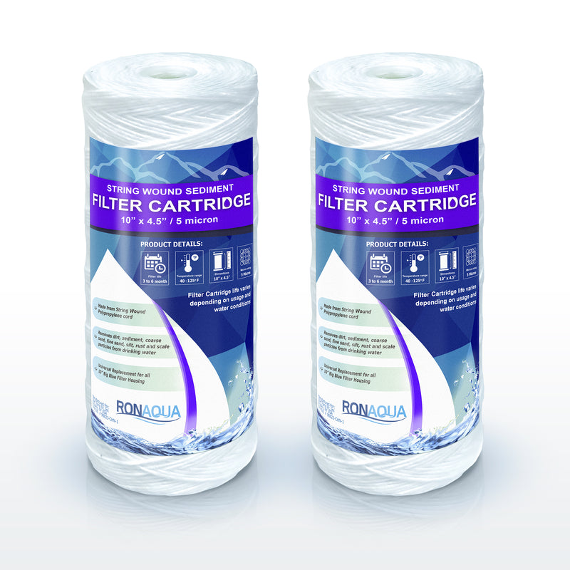High Capacity Wound String 5 Micron Sediment Water Filter Cartridge 10” x 4.5” Removes Sand, Dirt, Silt, Rust, Extended Filter Life Compatible with 355215-45, 84637, PC10, WP1097P, WPX597P