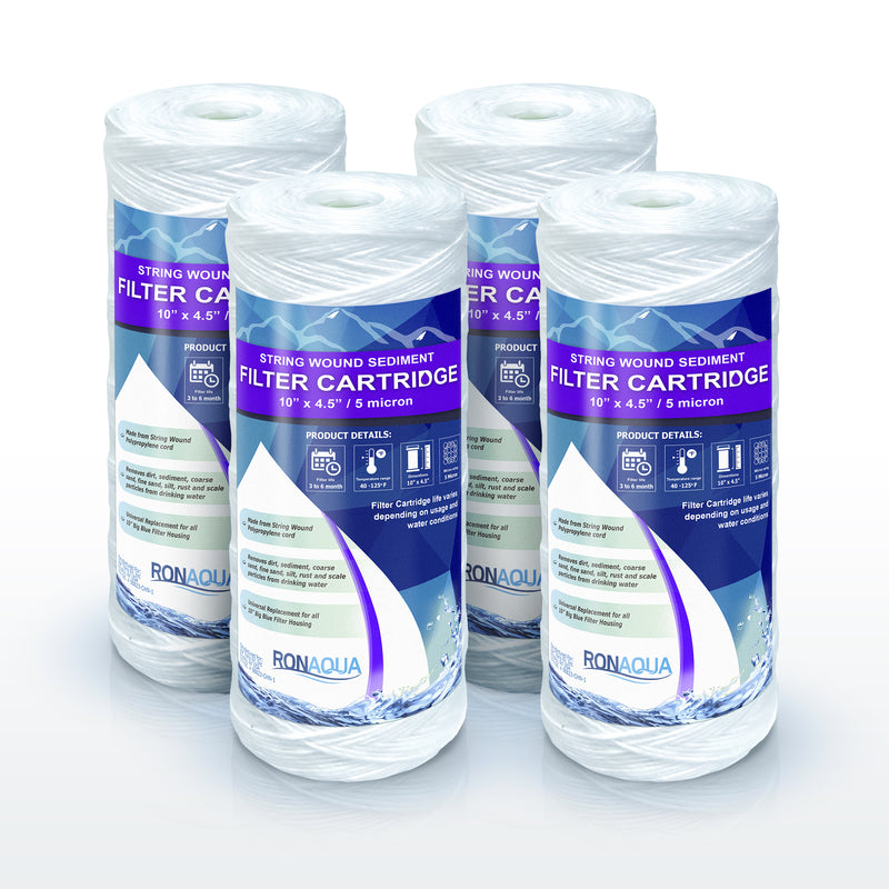 High Capacity Wound String 5 Micron Sediment Water Filter Cartridge 10” x 4.5” Removes Sand, Dirt, Silt, Rust, Extended Filter Life Compatible with 355215-45, 84637, PC10, WP1097P, WPX597P