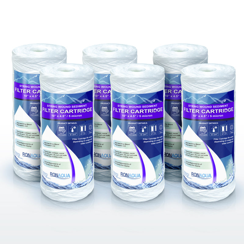 High Capacity Wound String 5 Micron Sediment Water Filter Cartridge 10” x 4.5” Removes Sand, Dirt, Silt, Rust, Extended Filter Life Compatible with 355215-45, 84637, PC10, WP1097P, WPX597P